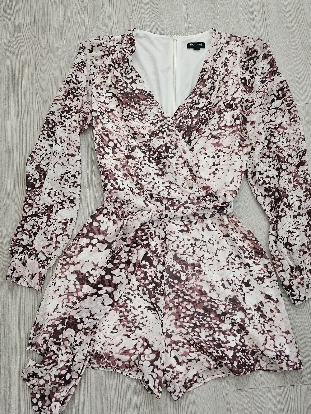 Express Long Sleeve Wrap Romper Dress in Blush and Brown Print